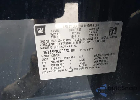 2015 Cadillac Escalade Luxury z USA, uszkodzony, nr VIN 1GYS3MKJ8FR739404